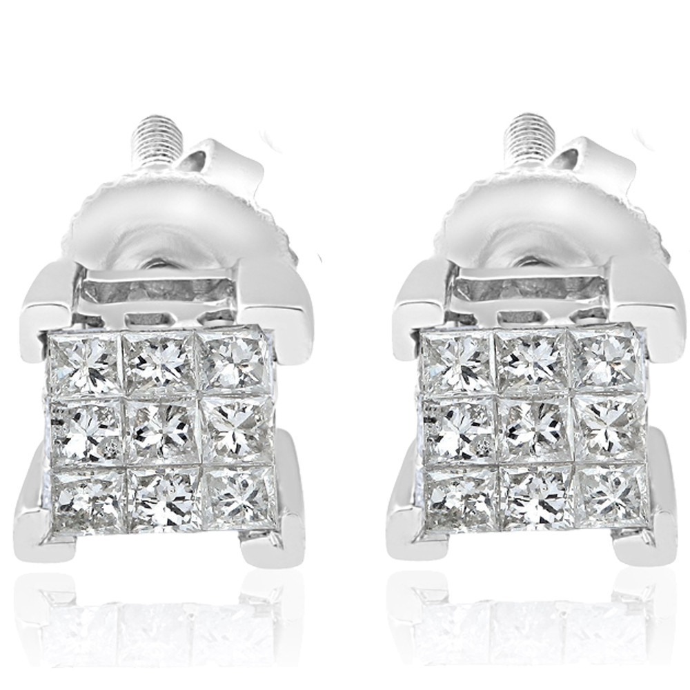 1/3ct Diamond Princess Cut Screw Back Studs Womens Earrings 10k